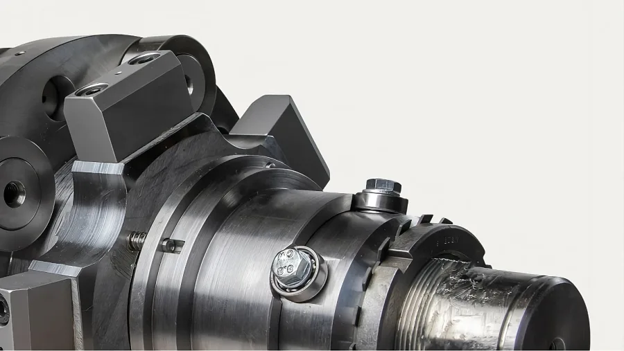 Close-up of a metallic machine component with bolts and cylindrical structures. The smooth, shiny surface conveys precision engineering and industrial function.