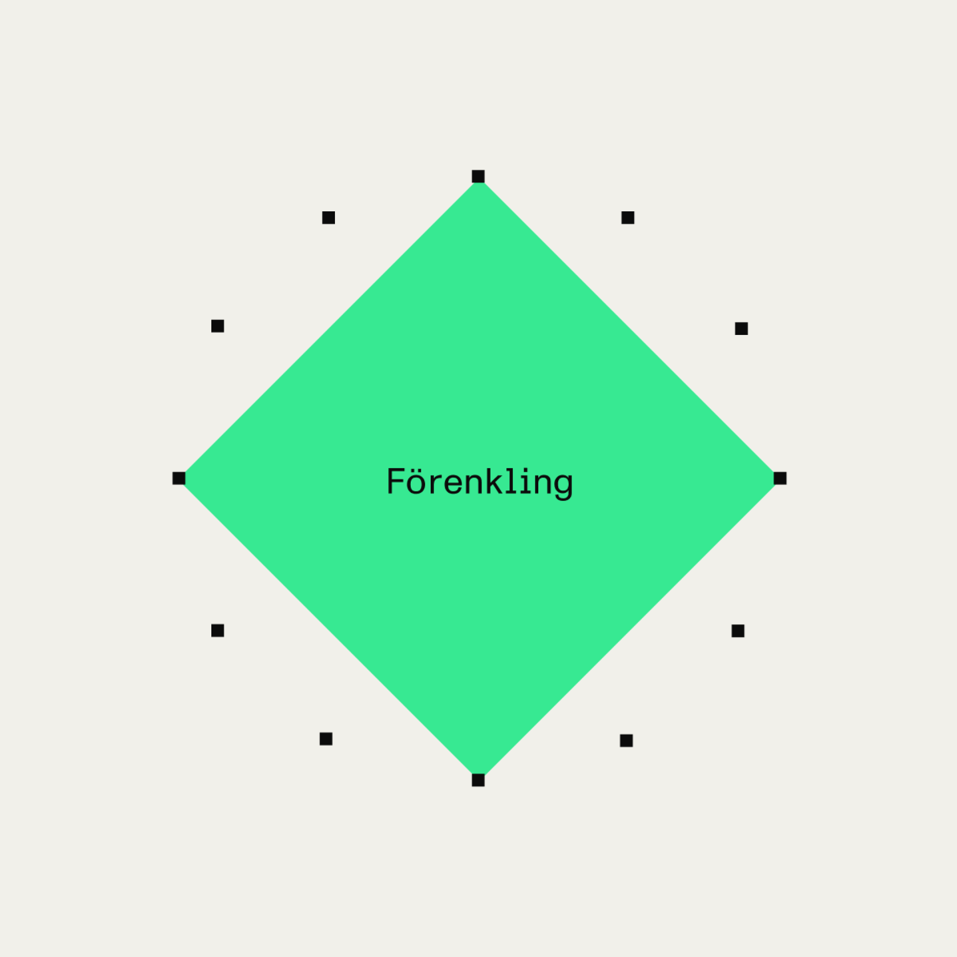 A green diamond centered on a light grey background with the word 