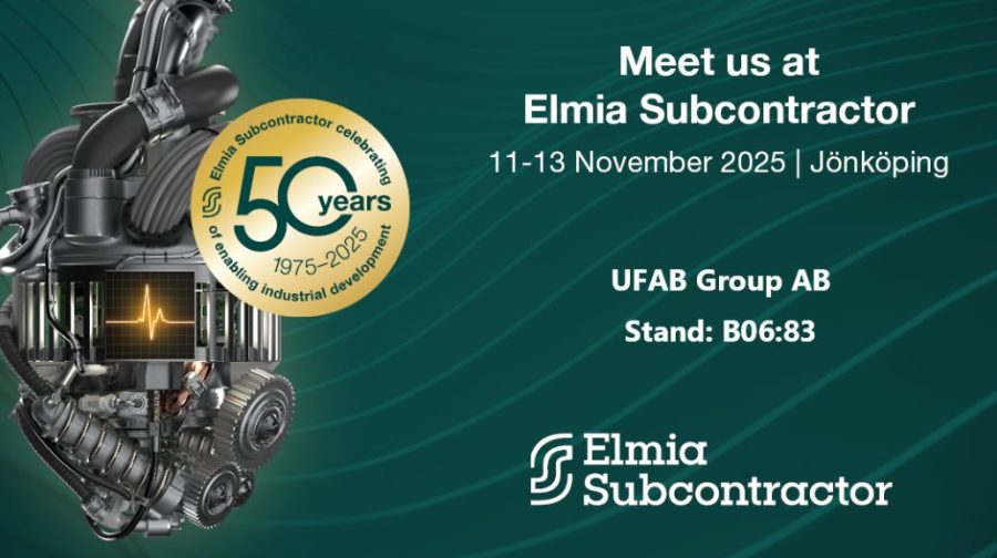 Engine parts on the left with a 50th-anniversary badge. Event details for Elmia Subcontractor, Jönköping, November 2025, on a teal background.