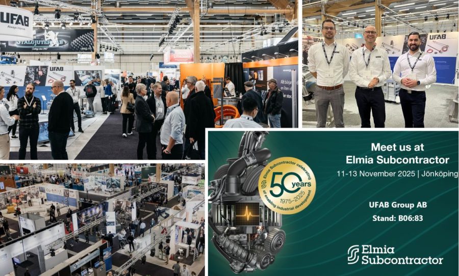 Collage of three images from a trade show. Top left shows attendees conversing at exhibition booths. Top right features three men smiling in front of a display. Bottom left captures an aerial view of the bustling exhibition floor. Bottom right is a promotional graphic for the Elmia Subcontractor event, highlighting its 50th anniversary in November 2025 in Jönköping. The overall atmosphere is lively and professional.