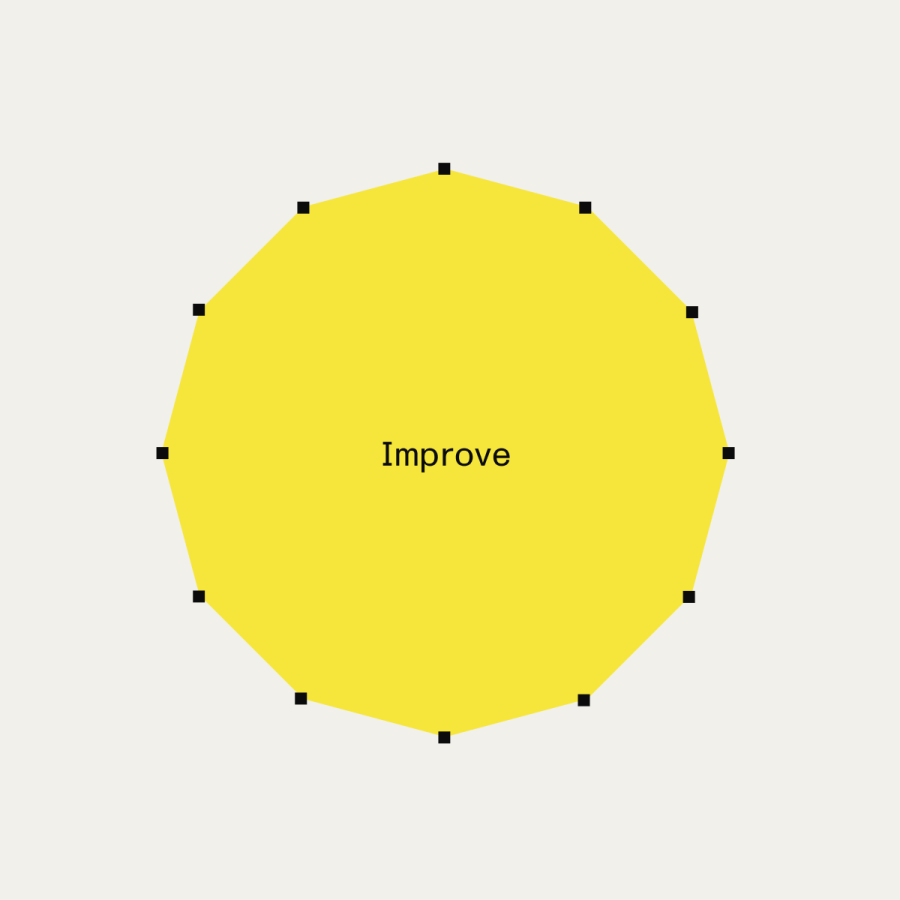 Yellow polygon with black dotted vertices on a light gray background. The word
