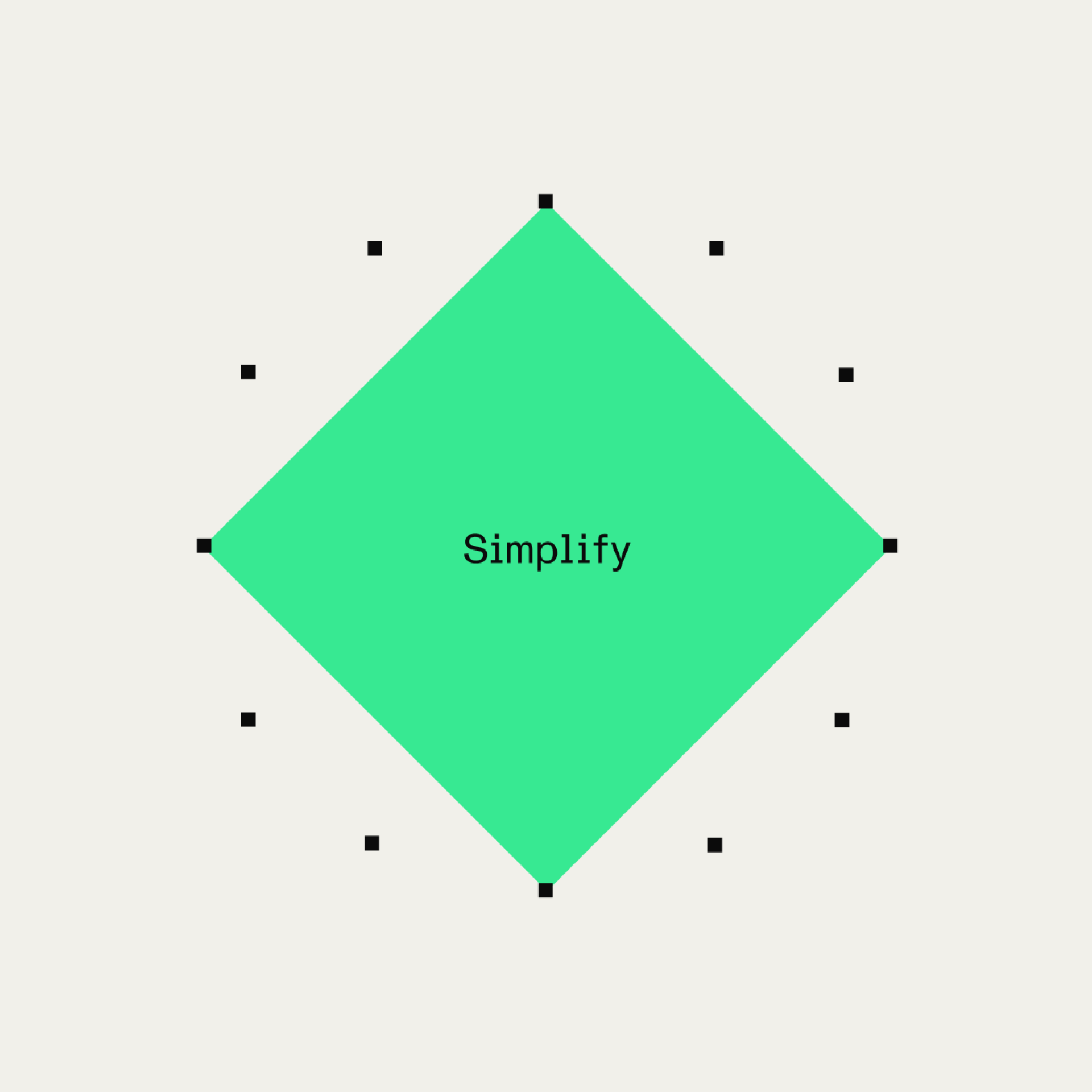 A green diamond centered on a light grey background with the word 
